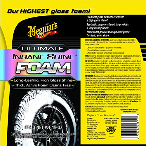 Meguiar's Ultimate Insane Shine Foam, Long-Lasting Tire Shine for an Extreme Shine and Gloss, Rich, Dark and Consistent Finish, No Wiping or Rinsing Required, 19 Oz