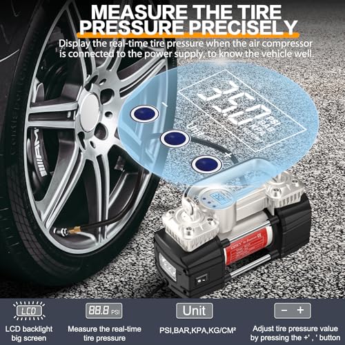 GSPSCN 12V Digital Heavy Duty Tire Inflator PortableAir Compressor Pump | with Toolbox Tire Repair Kit 6X Faster Inflation Auto shut-off Dual Cylinders Air Pump 150Psi for Car,Pickup Truck,SUV,Balls