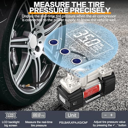 GSPSCN 12V Digital Heavy Duty Tire Inflator PortableAir Compressor Pump | with Toolbox Tire Repair Kit 6X Faster Inflation Auto shut-off Dual Cylinders Air Pump 150Psi for Car,Pickup Truck,SUV,Balls