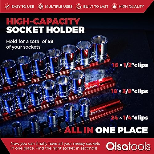 Olsa Tools 3-Pc Set Aluminum Socket Organizer | Locking End Caps | 1/4-Inch, 3/8-Inch, 1/2-Inch Drive Socket Holders with 24, 18, 16 Clips Each (Red) - color: Red, size: 3pc, 1/4, 3/8, & 1/2-Inch Drive