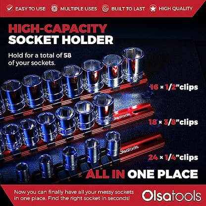 Olsa Tools 3-Pc Set Aluminum Socket Organizer | Locking End Caps | 1/4-Inch, 3/8-Inch, 1/2-Inch Drive Socket Holders with 24, 18, 16 Clips Each (Red) - color: Red, size: 3pc, 1/4, 3/8, & 1/2-Inch Drive