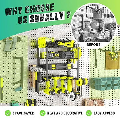 SUNALLY Power Tool Organizer, 4 Drill Holder Wall Mount, Garage Tool Organizer and Storage with Screwdriver Holder, Garage Organization, 4 Layer Cordless Drill Holder with Hammer Holder - style: 4 Drill Holders G