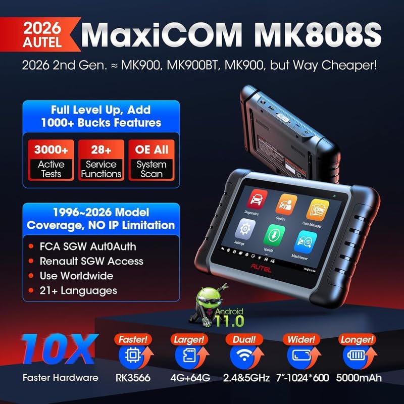 Autel MaxiCOM MK808S Bidirectional Scanner: 2026 Same as MaxiCheck MX808S MX900 MK900BT MK808BT Pro, 3000+ Active Test, 28+ Service for 200+ Brands, OBD2 All System Diagnose, FCA Autoauth & SGW, OS 11 | 2026 Bidirectional OBD2 Tool as MaxiCheck MX900 MX80