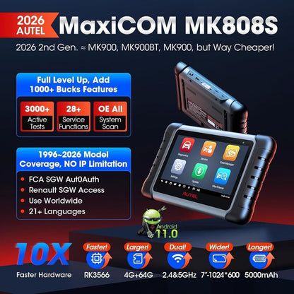 Autel MaxiCOM MK808S Bidirectional Scanner: 2026 Same as MaxiCheck MX808S MX900 MK900BT MK808BT Pro, 3000+ Active Test, 28+ Service for 200+ Brands, OBD2 All System Diagnose, FCA Autoauth & SGW, OS 11 | 2026 Bidirectional OBD2 Tool as MaxiCheck MX900 MX80