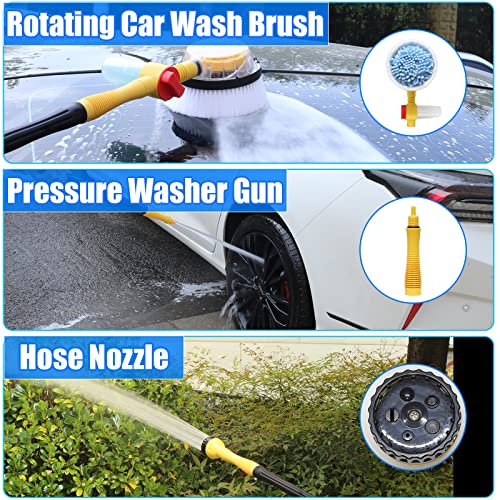 Rotating Car Wash Brush, Car Wash Brush with Long Handle,Automatically Foams Car Wash Kit with Car Cleaning Brush,Pressure Washer Gun and Hose Nozzle for Cars,Yards,Gardens,Pets etc