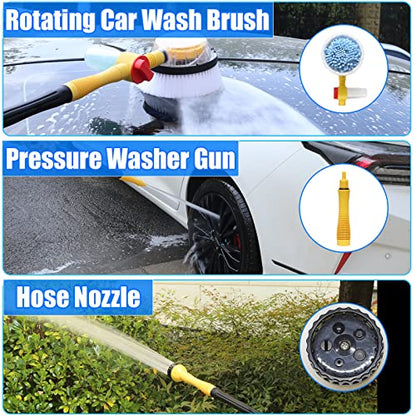 Rotating Car Wash Brush, Car Wash Brush with Long Handle,Automatically Foams Car Wash Kit with Car Cleaning Brush,Pressure Washer Gun and Hose Nozzle for Cars,Yards,Gardens,Pets etc