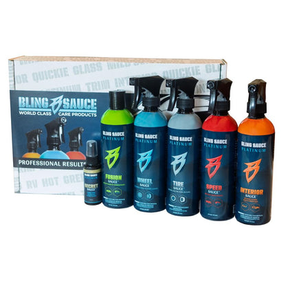 Bling Sauce Essentials 5-Pack Automotive Cleaning & Detailing Kit | Interior and Exterior car care bundle with microfiber towels and sponge for quick showroom shine anywhere