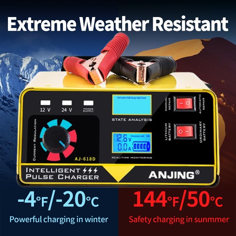 12V 24V Car Battery Charger, 15A Lead-Acid Lithium Battery Charger, Smart Trickle Charger Maintainer, Deep Cycle Battery Repair Charger Automotive Desulfator for Car Motorcycle Truck Boat Lawn Mower - color: 2) - 12V/24V 15Amp (Yellow)