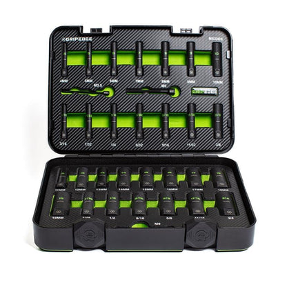 GripEdge | 32-PC 1/4" & 3/8" Drive Deep Metric & SAE Master Socket Extractor Set| Includes sizes - 4-19mm & 3/16-3/4" | Includes Premium Plastic Case With Foam Insert |