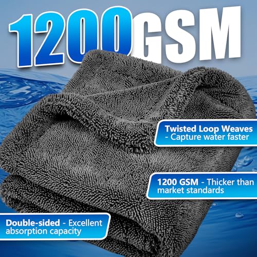 Airlab Car Drying Towel Microfiber Towels for Cars 1200 GSM Wash Auto Detailing Supplies Twist Pile Cleaning Cloth Absorbent Quick Dry Soft Loop Dry Flash Towel, 24 x 16 Inch, Pack of 1, Grey - color: 24 X 16 Inch, Pack of 1, Dark Grey, 1200 Gsm