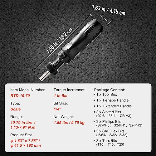 VEVOR 1/4" Drive Screwdriver Torque Wrench with Scale, 10-70 in/lbs Torque Range, 1 in-lbs Torque Increment Torque Screwdriver with Bits & Case - size: Pro 10-70 in-lb