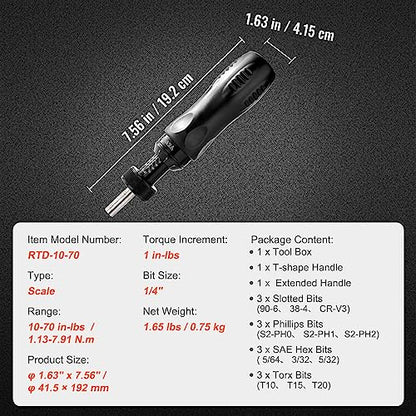 VEVOR 1/4" Drive Screwdriver Torque Wrench with Scale, 10-70 in/lbs Torque Range, 1 in-lbs Torque Increment Torque Screwdriver with Bits & Case - size: Pro 10-70 in-lb