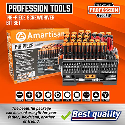 Amartisan 146-piece Magnetic Screwdrivers DIY Tools Set Plastic Racking for Men Tools Gift, Includs Precision screwdriver, Magnetizer, Key Set, Nut Driver and Bit Set