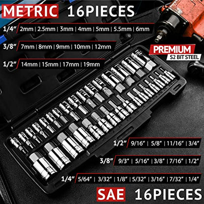 EPAuto 32 PCs Hex Bit Socket Set, SAE and Metric, S2 & Cr-V Steel - size: Hex Bit- 32 Pieces