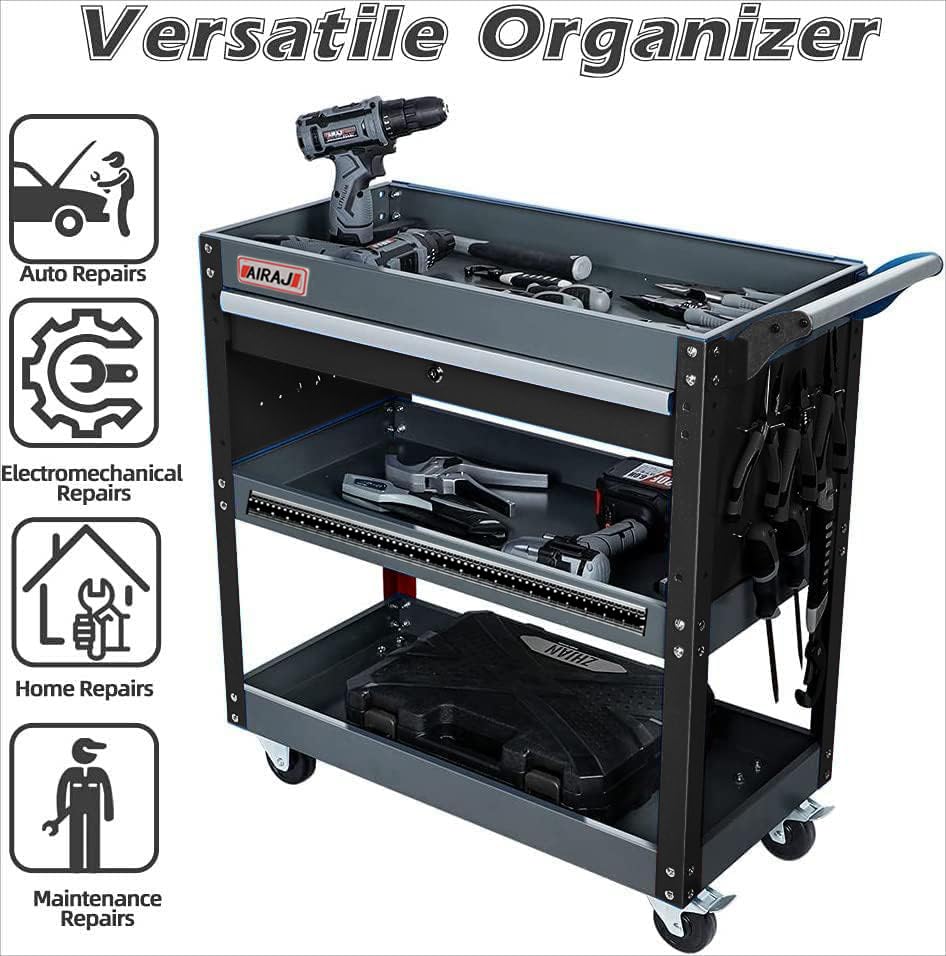 Tool Cart,27.5" 3 Tier Tool Cart on Wheels,Utility Industrial Service Cart with Drawers,Pegboard and Locking System,Suitable for Garage,Warehouse,Mechanic,440LBS Load,Black - size: Black