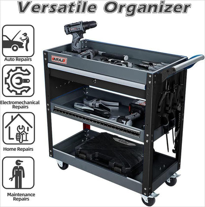 Tool Cart,27.5" 3 Tier Tool Cart on Wheels,Utility Industrial Service Cart with Drawers,Pegboard and Locking System,Suitable for Garage,Warehouse,Mechanic,440LBS Load,Black - size: Black