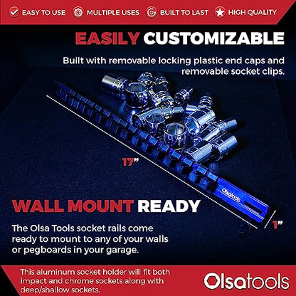 Olsa Tools 1/2-Inch Drive Aluminum Socket Organizer with Locking End Caps - Professional Quality Socket Holder - BLUE - PART 1174 - color: Blue, size: 1/2-Inch Drive