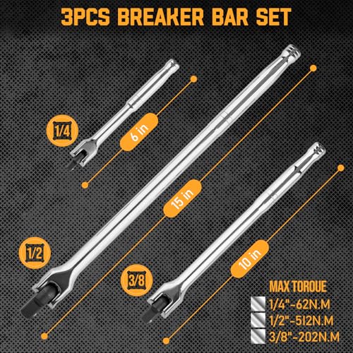 3PCS Breaker Bar Set, 3/8'', 1/4in, 1/2inch Breaker Bars with 180°Rotatable Head, Heavy Duty Breaker Bar Kit with 15 inch, 10 inch, 6 inch Length for Automobile and Motorcycle Maintenance and Repair