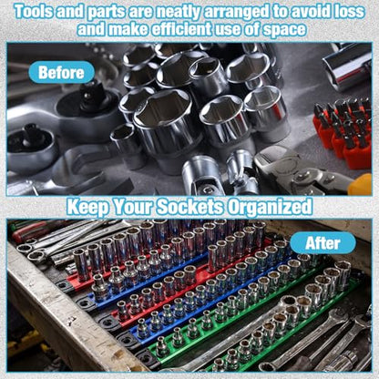 Ceenna 9 Set Magnetic Socket Organizer and Magnetic Screwdriver Organizer 6 Pcs 1/4", 3/8" & 1/2" Socket Rail Trays 3 Pcs Screwdriver and Wrench Holder Aluminum Alloy Tool Holder Red Blue Green