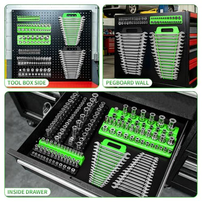 8 Piece Magnetic Socket Organizer Set, 1/4", 3/8", 1/2" Drive Metric and SAE Socket Holder Trays, Socket Organizer for Tool Box Drawer, Garage, Workbench and Mechanic Cart, Black and Green