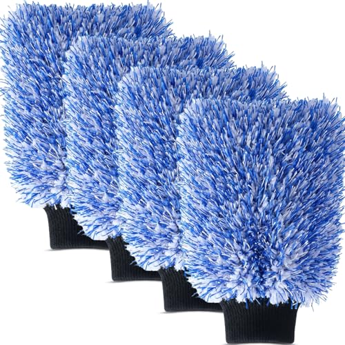 4 Pack Microfiber Car Wash Mitts Set 10x7 Inch Soft Suede Lining Car Wash Gloves, Highly Absorbent Scratch-Free Cleaning Cloths for Auto Detailing, Safe with All Soaps, Bucket (Blue) - color: Blue