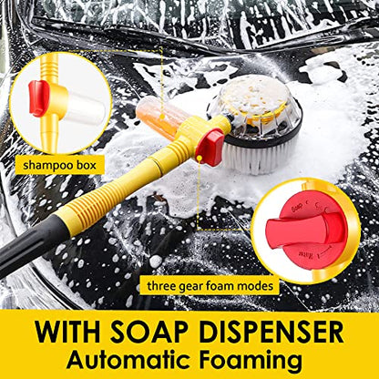 Rotating Car Wash Brush with Soap Dispenser, Automatic Rotary Car Wash Mop Soft Exterior Car Cleaning Brush Kit Garden Hose Flow Through Scrub Brush to Wash Car Truck RV (Long Handle)