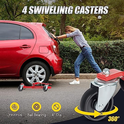 TUFFIOM Car Wheel Dolly Jack Set of 4, Mechanical 6000-lbs Car Skates, 12'' Wheel Vehicle Positioning Jack, Heavy Duty Rollers with Ratcheting Foot Pedal for Tire Auto Repair Moving, Red - color: Red, Set of 4