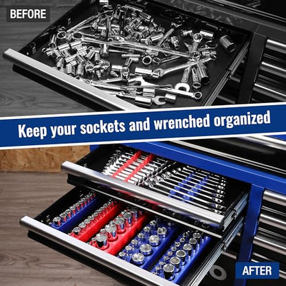 WORKPRO 8-Piece Magnetic Socket and Wrench Organizer Set | 6-Piece Socket Holders, 1/4" 3/8" 1/2" DR Tool Trays, For Metric SAE Sockets, 2-Piece Wrench Holders, For Metric SAE Wrenches