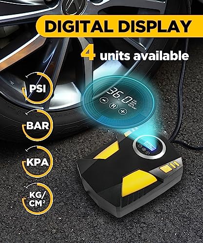 YAKEFLY Tire Inflator Portable Air Compressor,12V DC Car Tire Pump with Digital Pressure Gauge,150 PSI Auto Shut Off with Emergency LED Flasher,Air Compressor Tire Inflator