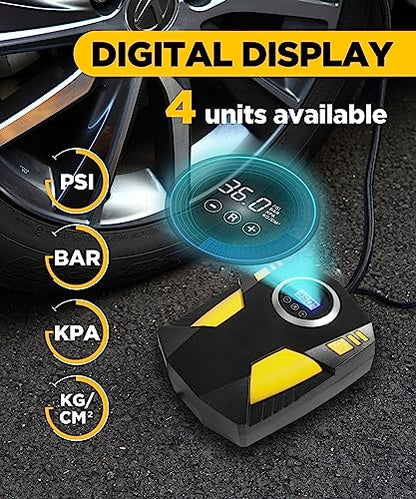 YAKEFLY Tire Inflator Portable Air Compressor,12V DC Car Tire Pump with Digital Pressure Gauge,150 PSI Auto Shut Off with Emergency LED Flasher,Air Compressor Tire Inflator