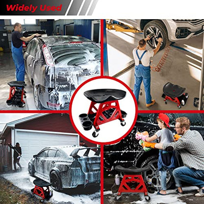 Durable Mechanic Stool Chair with Wheels, Heavy Duty Garage Shop Stool On Wheels, Rolling Stool Car Detailing Creeper Seat with Tool Tray for Workshop, Auto Repair Shop and Home