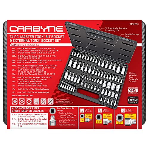 CARBYNE 74-Piece Master Torx Bit Socket Set and E-Torx Socket Set, Stubby Low Profile Super Short T10-T60, Standard T6-T70, Tamper TT6-TT70, Plus TP8-TP60, S2 Steel, Genuine Licensed Torx