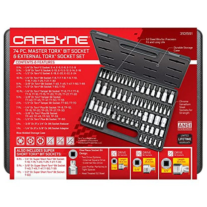 CARBYNE 74-Piece Master Torx Bit Socket Set and E-Torx Socket Set, Stubby Low Profile Super Short T10-T60, Standard T6-T70, Tamper TT6-TT70, Plus TP8-TP60, S2 Steel, Genuine Licensed Torx