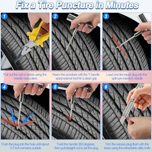Tire Plug Kit, 160 PCS Tubeless Tire Repair Kit with Metal T-Handle Tools, Repair Strips, Screw-in Repair Plugs, Valve Stem Service Accessories, Pressure Gauge, Gloves & Hard Case - color: 160Pcs Tire Repair Kit