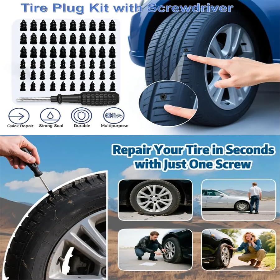 60 Pcs Tire Repair Nail Kit, 2 Sizes Spiral Rubber Screws with Screwdriver for Car Truck Motorcycle Tractor Tubeless Tire Puncture Quick Fix (30 Large + 30 Small)