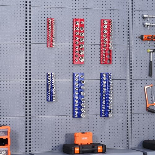 VEVOR Magnetic Socket Organizer Set, 6PCS Socket Holder, 1/4'', 3/8'' & 1/2'' Metric SAE Socket Trays with Clear Labels, Hold up to 143PCS Standard & Deep Sockets, Blue & Red (Sockets Not Included) - style: 6pcs Metric & SAE