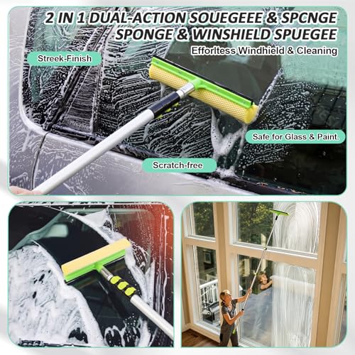 12ft 7PCS Car & RV Wash Brush Kit with Long Extendable Handle RV Car Truck Wash Kit with Hardness Brush Adjustable Chenille Mop Sponge Squeegee Tire Brushes Micro Fiber Towels Chenille Mitt for SUV