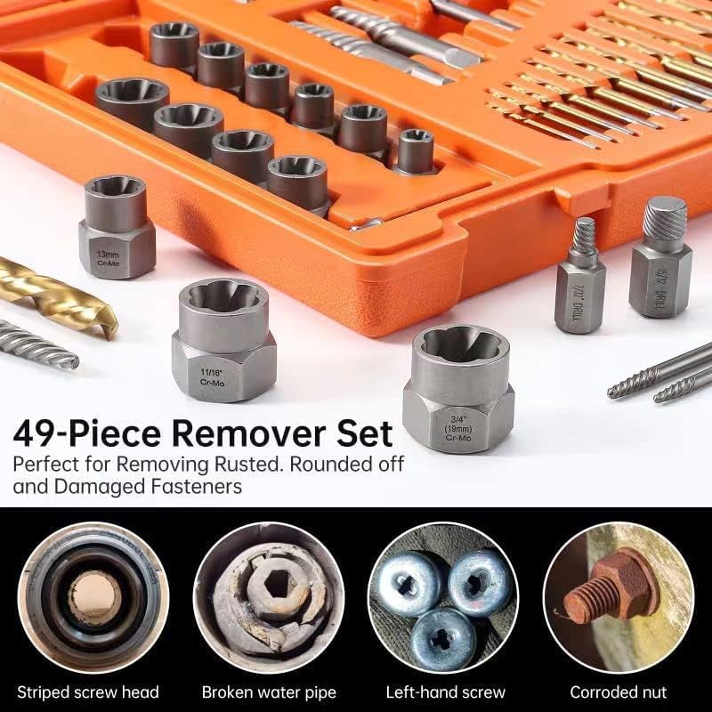 49PCS Screw Extractor Bolt Extractor Set with Left Hand Drill Bit Set, Multi-Spline Easy Out Broken Bolt Kit, Bolt Remover for Broken Stripped Rounded-Off Bolts Rusted Nuts Screws - size: 49PCS