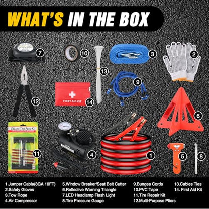 Nilight Car Emergency Kit with Jumper Cable, First Aid Kit Safety Assistance Tools for Travel Camping Outdoor Cars Truck SUV RV, Roadside Essentials with Flash Light - color: Essential Kit+Air Compressor