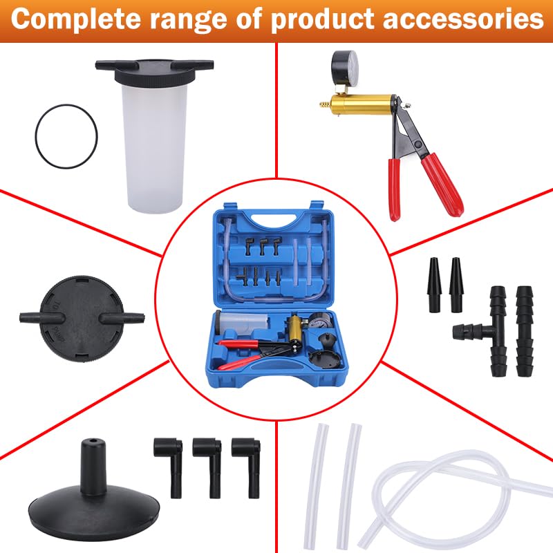 2 in 1 Brake Bleeder Kit with Hand Vacuum Pump with Gauge Adapters Automotive Brake Fluid Bleeding Set with Protected Case for Car Truck (Blue) - color: BLUE1