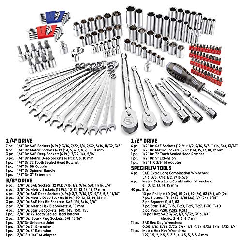 Powerbuilt 642453 152 Piece 1/4-inch, 3/8-inch, and 1/2-inch Drive Mechanics Tool- with SAE and Metric Socket Set, 72 Tooth Seal-Head Ratchet, Automotive Tool Kit, including Case - size: 152 Piece