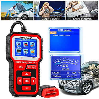 KONNWEI KW681 OBD2 Scanner 6V 12V Car Battery Tester, 2 in 1 Car Diagnostic Scanner Automotive Battery Alternator Load Tester Check Engine Code Reader Scan Tool
