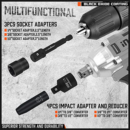 HORUSDY 7 Piece Impact Sockets Adapter Set, Hex Shank Socket to Drill Adapter 1/4" 3/8" 1/2", Cr-V Steel Impact Driver Wrench Socket Reducer Set - style: 7-PCS Adapter Set