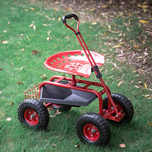Kinfant Rolling Garden Cart Scooter Stool - Garden Cart with Wheels & Seat, Adjustable Handle 360 Degree Swivel (Red) - color: Red