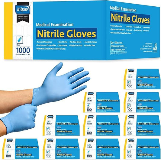 Inspire Black Nitrile Disposable Gloves | 4.5 Nitrile Disposable Safety Medical Cooking Cleaning Gloves - size: Medium, style: Blue - Case of 1000