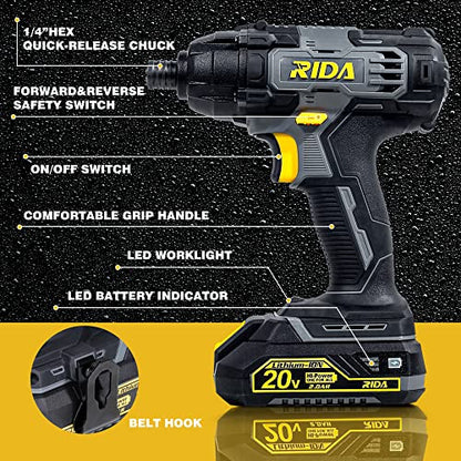 RIDA Cordless Impact Driver Kit 20V 180Nm Torque Home DIY & Repair Projects | 1/4" All-Metal Hex，0-2800RPM, Variable Speed, 2.0Ah Battery, 1H Fast Charger, 25 Driver Bits, Storage Tool Bag - style: Cordless Impact Driver