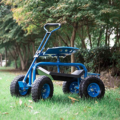 Kinfant Rolling Garden Cart Scooter Stool - Garden Cart with Wheels & Seat, Adjustable Handle 360 Degree Swivel (Blue) - color: Blue