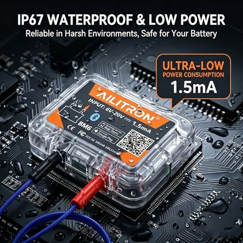 BM6 Bluetooth 12V Battery Monitor & Load Tester - Wireless Alternator & Charging System Analyzer for Lead-Acid & Lithium Batteries, 30-Day Auto Trip Record, App Alarm, IP67 Waterproof