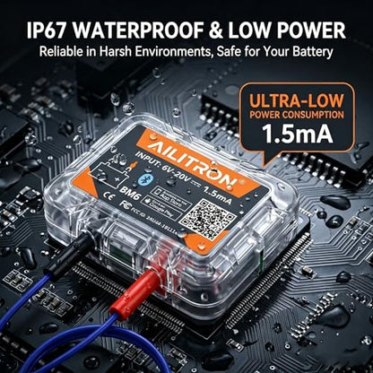 BM6 Bluetooth 12V Battery Monitor & Load Tester - Wireless Alternator & Charging System Analyzer for Lead-Acid & Lithium Batteries, 30-Day Auto Trip Record, App Alarm, IP67 Waterproof