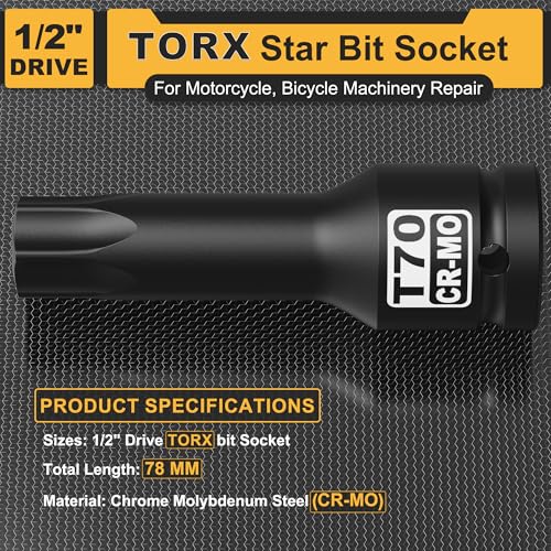 1/2" Drive T70 Torx Bit Socket, Star Bit Socket, CR-MO Steel, Motorcycle, Bicycle Machinery Repair - size: 1/2" T70 Deep